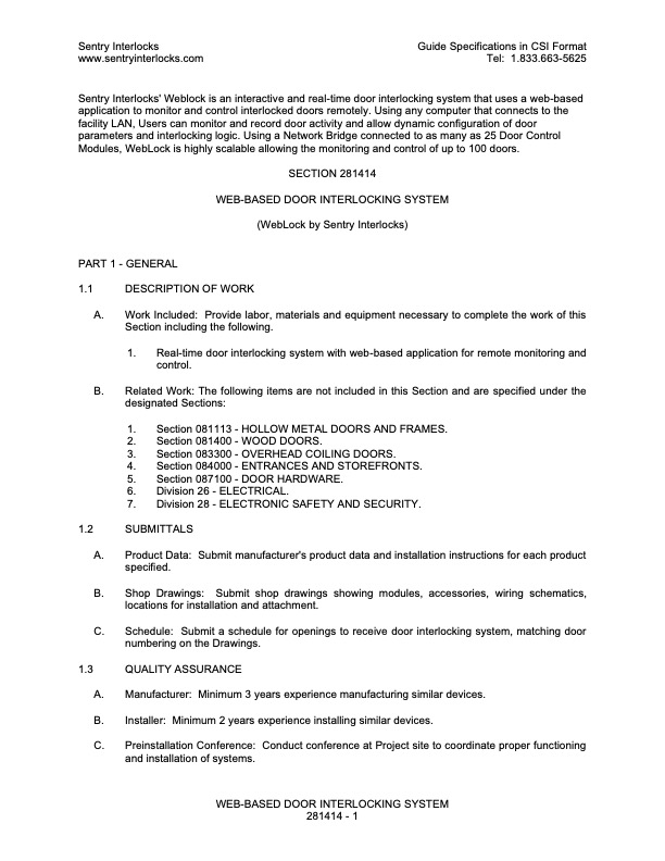 WebLock CSI format specifications for construction documentation.